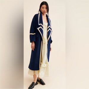 Nocturne Free People Military Inspired Navy Blue Long Coat with Cream Trim